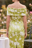 Vestido de Satén de Verde con Estampado de Hombros Cortos y Vestido de Madre de la Novia con abertura