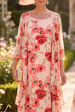 Vestido midi de Madre de la Novia con escote redondo de 3/4 mangas de flor roja y chiffon