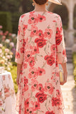 Vestido midi de Madre de la Novia con escote redondo de 3/4 mangas de flor roja y chiffon