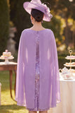 Vestido midi de madre de la novia con bordado floral morado y capa de gasa