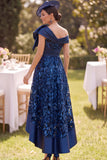 Vestido de madre de la novia, de línea en A alto azul marino alto y bajo de encaje, con y gran lazo