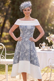Gris, blanco descubierto, hasta los hombros, vestido midi de madre de la novia, estampado en línea baja floral