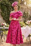 Vestido asimétrico de la madre de la novia, fucsia fruncido y estampado en línea en forma de A, de un solo hombro