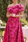 Vestido asimétrico de la madre de la novia, fucsia fruncido y estampado en línea en forma de A, de un solo hombro