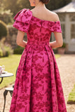 Vestido asimétrico de la madre de la novia, fucsia fruncido y estampado en línea en forma de A, de un solo hombro
