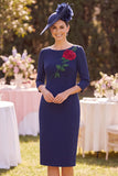 Blu marino con escote bateau funda 3/4 mangas Aplicaciones Vestido midi Madre de la novia