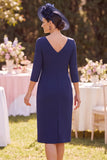 Blu marino con escote bateau funda 3/4 mangas Aplicaciones Vestido midi Madre de la novia