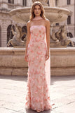 Vestido largo de graduación con bordado floral sin tirantes de sirena rosa con apliques