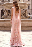 Vestido largo de graduación con bordado floral sin tirantes de sirena rosa con apliques