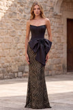 Corsé Sirena negro sin tirantes, lentejuelas, vestido largo de graduación con lazo de satén oversize