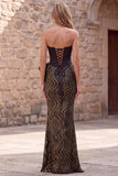 Corsé Sirena negro sin tirantes, lentejuelas, vestido largo de graduación con lazo de satén oversize