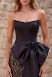 Corsé Sirena negro sin tirantes, lentejuelas, vestido largo de graduación con lazo de satén oversize