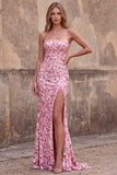 Vestido largo de baile de sirena rosa brillante con lentejuelas rosas y tirantes