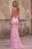 Vestido largo de baile de sirena rosa brillante con lentejuelas rosas y tirantes
