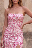 Vestido largo de baile de sirena rosa brillante con lentejuelas rosas y tirantes