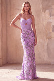 Vestido largo de graduación de tirantes finos de sirena morada y bordados florales