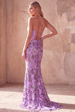 Vestido largo de graduación de tirantes finos de sirena morada y bordados florales
