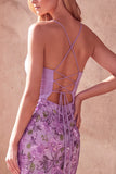 Vestido largo de graduación de tirantes finos de sirena morada y bordados florales