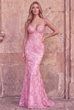 Vestido largo de graduación de sirena rosa con escote en V bordado