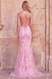 Vestido largo de graduación de sirena rosa con escote en V bordado