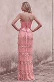 Corsé rosa con funda, lentejuelas, vestido largo sin tirantes y flecos escalonados