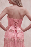 Corsé rosa con funda, lentejuelas, vestido largo sin tirantes y flecos escalonados