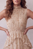 Vestido de cóctel midi sin mangas con volantes y cuello alto lentejuelas