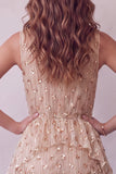 Vestido de cóctel midi sin mangas con volantes y cuello alto lentejuelas