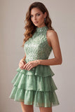 Vestido de cóctel corto verde de cuello alto con volantes y filetes A-line