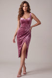 Fuchsia Bodycon Sweetheart Velvet Ruched Midi Cocktail Dress con abertura