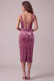 Fuchsia Bodycon Sweetheart Velvet Ruched Midi Cocktail Dress con abertura