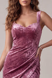 Fuchsia Bodycon Sweetheart Velvet Ruched Midi Cocktail Dress con abertura