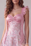 Vestido de invitado midi de satén fruncido en forma de A-Line rosa con lentejuelas