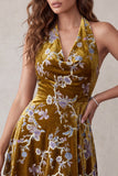 Vestido de cóctel corto alto y asimétrico con estampado floral dorado mostaza