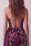 Vestido corto bodycon sin tirantes con estampado de terciopelo burdeos y drapeado