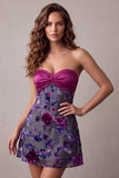 Vestido corto floral sin tirantes de satén Fuchsia A-Line