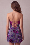 Vestido corto floral sin tirantes de satén Fuchsia A-Line