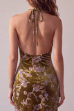 Vestido de cóctel corto asimétrico con estampado de terciopelo mostaza dorado