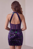 Corsé de cuello alto con terciopelo bodycon transparente y vestido corto de cóctel