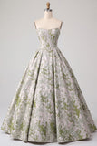 Vestido de baile corsé verde salvia Jacquard largo sin tirantes con perlas