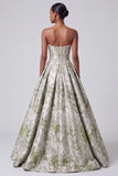Vestido de baile corsé verde salvia Jacquard largo sin tirantes con perlas