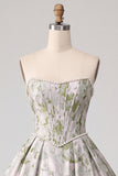 Vestido de baile corsé verde salvia Jacquard largo sin tirantes con perlas