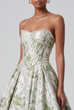 Vestido de baile corsé verde salvia Jacquard largo sin tirantes con perlas