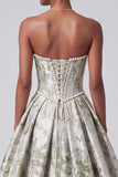 Vestido de baile corsé verde salvia Jacquard largo sin tirantes con perlas