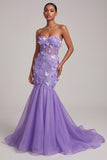 Vestido largo sin tirantes Sirena color Corsé Morado con apliques en forma de mariposa en 3D