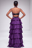 Vestido largo de graduación de terciopelo de satén con volantes y recorte morado