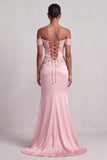Vestido de graduación largo de fin, bordado de satén fruncido en forma de vaina rosa, bordado floral
