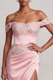 Vestido de graduación largo de fin, bordado de satén fruncido en forma de vaina rosa, bordado floral