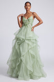 Tirantes finos verde claro de lentejuelas Vestido largo de graduación con apliques