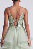 Tirantes finos verde claro de lentejuelas Vestido largo de graduación con apliques